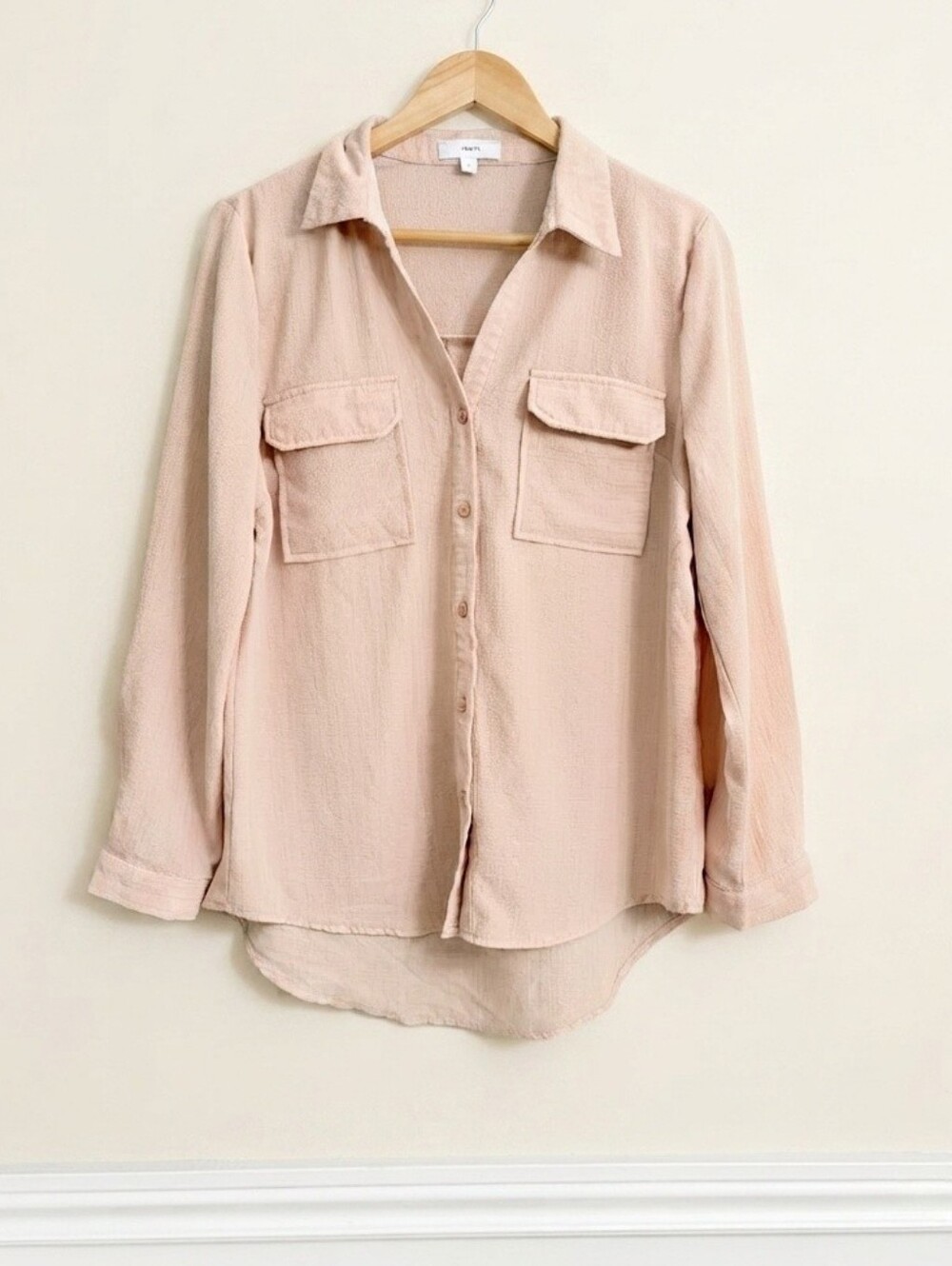 AEOM Tan Down Shirt Size Small Long Sleeve Utility Pocket Blouse